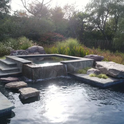 Waterfall and lighting features on backyard pool
